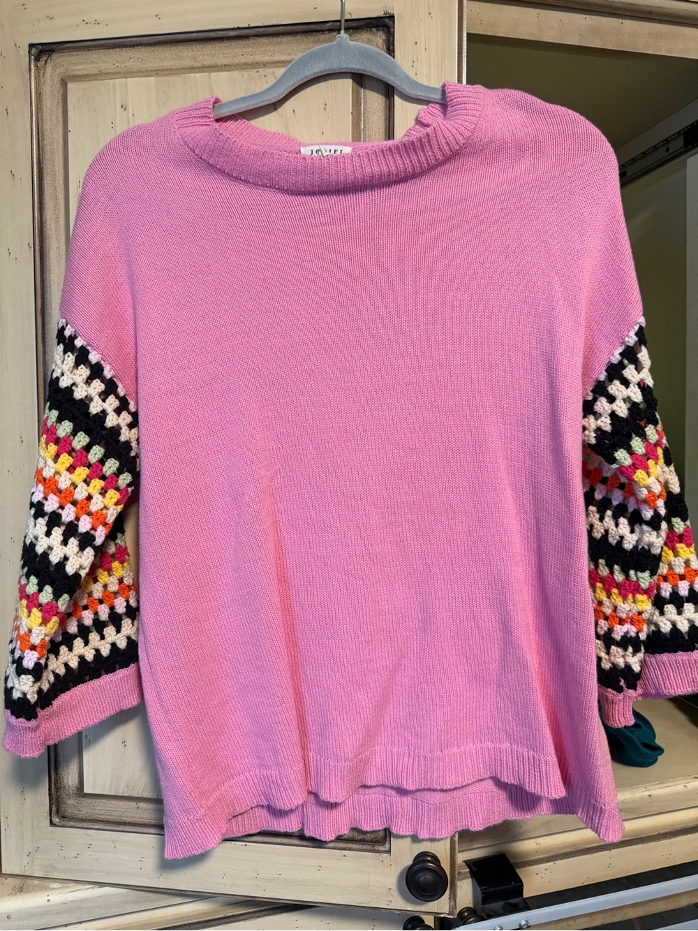 Pink Women's Sweater with Multi-Color Crochet Sleeves